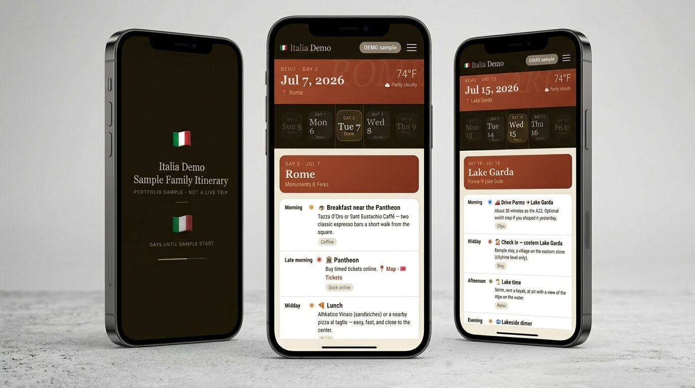 Italy Travel app — Brandon’s card mockup of the anonymized public app